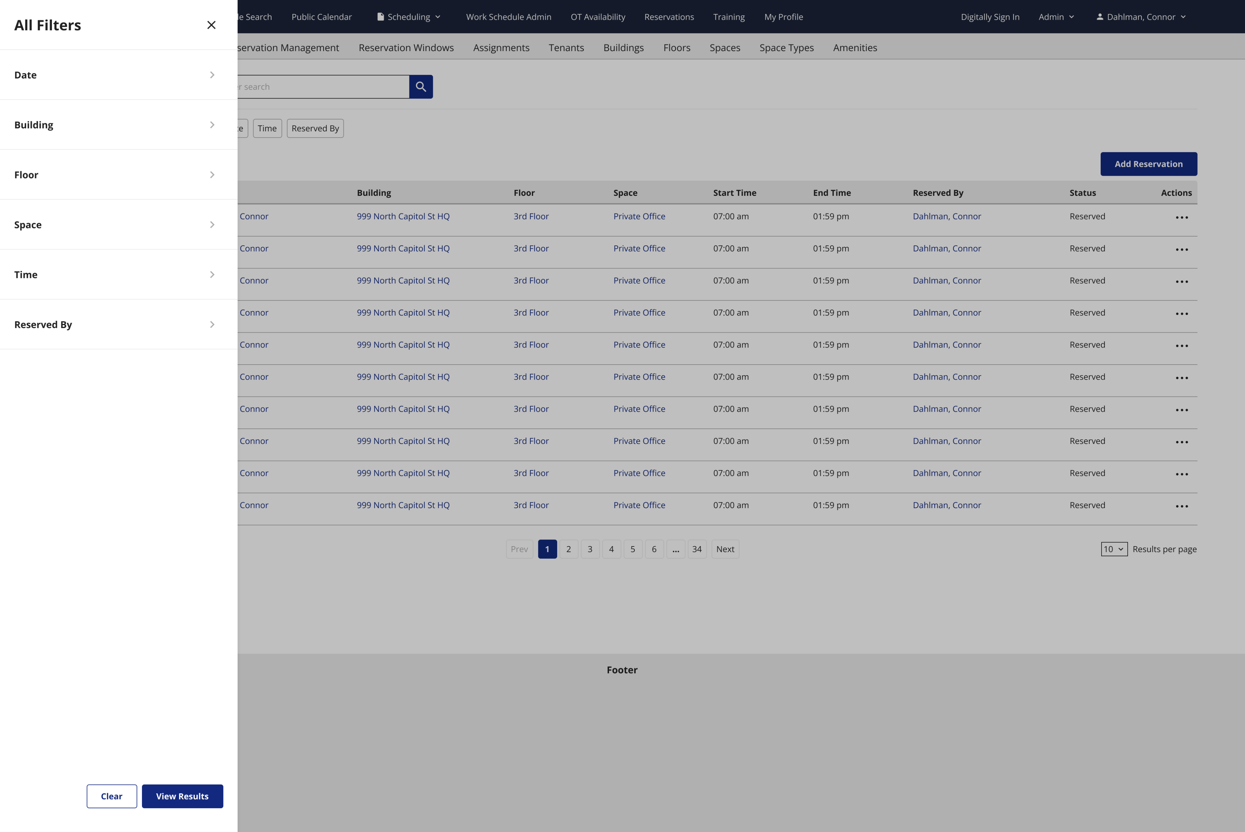 The tray that slides out from the left side of the screen when clicking on the filter button