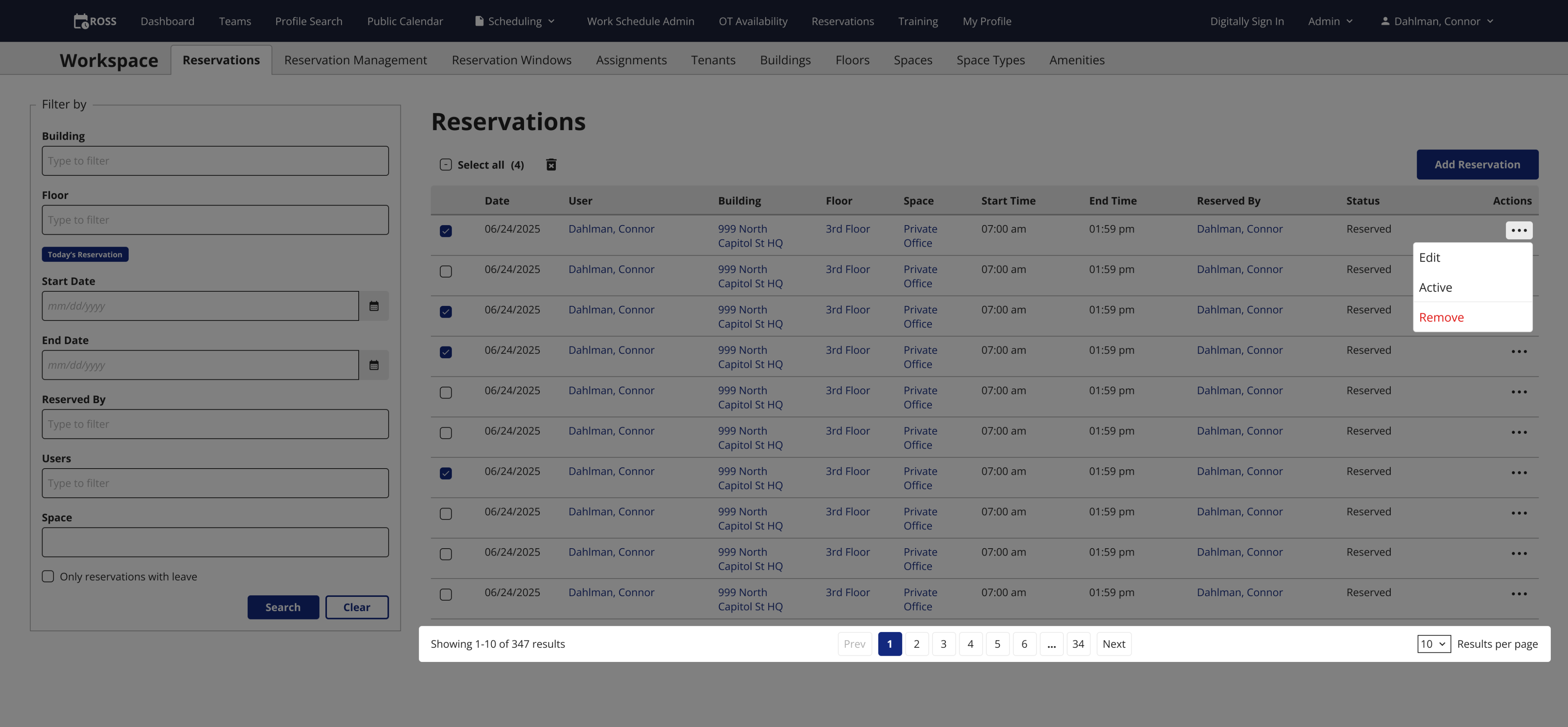 The new ROSS table screen with the table actions interaction and table navigation highlighted
